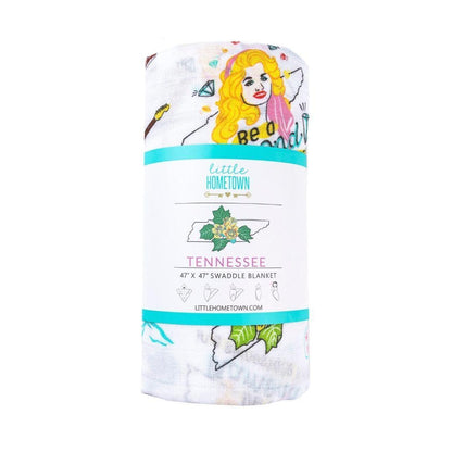 Tennessee-themed baby muslin swaddle blanket with floral design, featuring "Little Hometown" branding.