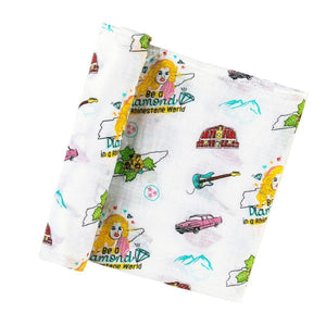 Tennessee-themed baby muslin swaddle blanket with floral design, featuring state symbols and landmarks.