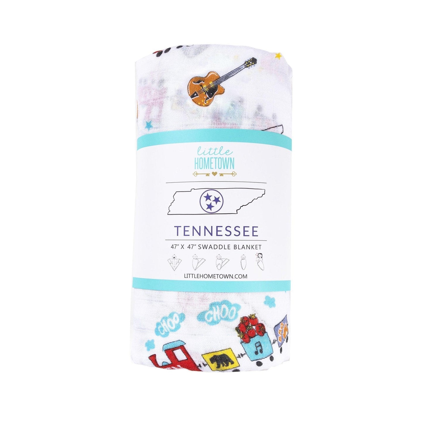 Tennessee-themed baby muslin swaddle blanket with state icons like guitars, boots, and the Tennessee flag.