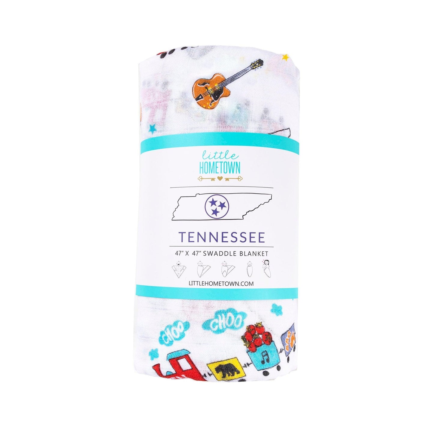 Tennessee-themed baby muslin swaddle blanket with state icons and landmarks in soft pastel colors.
