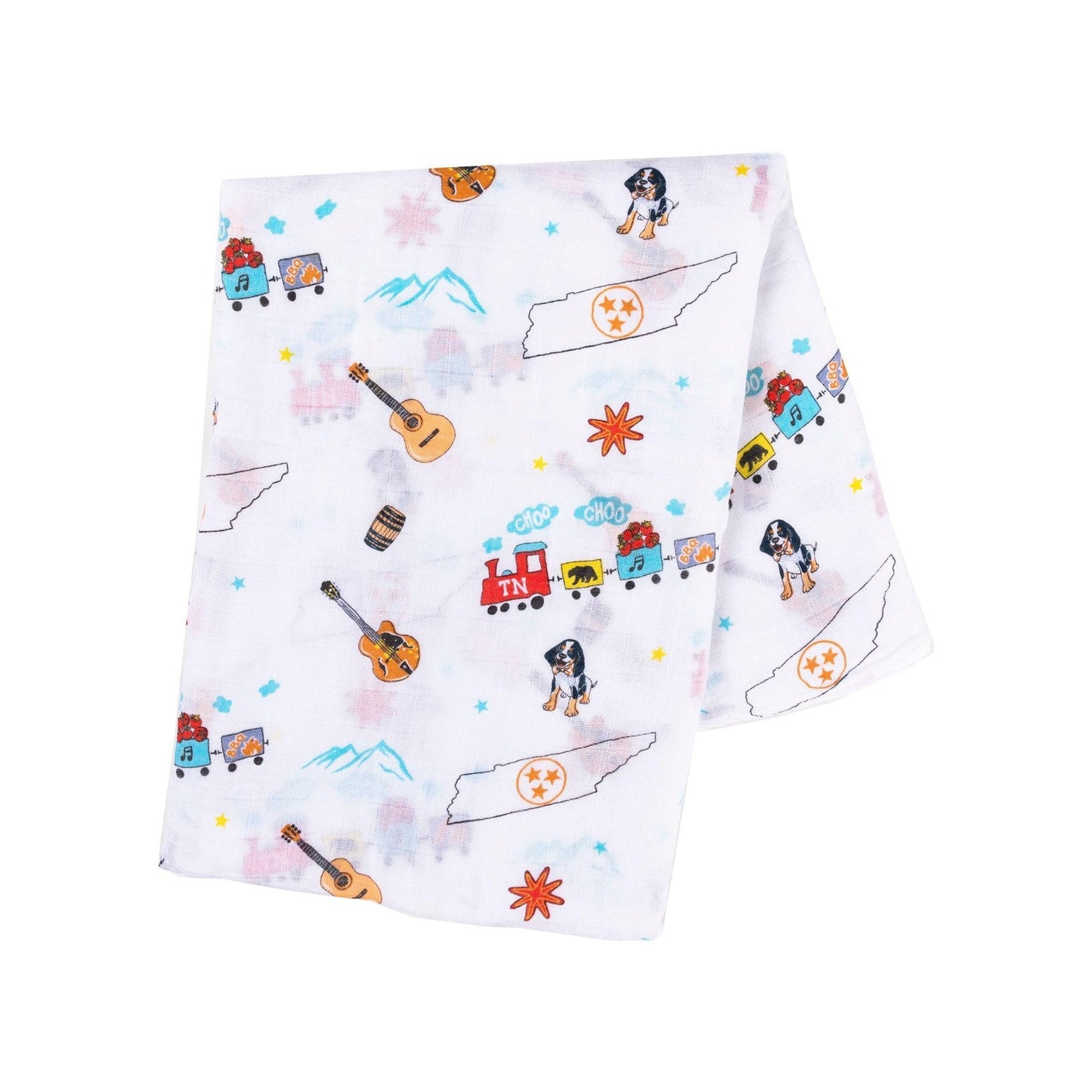 Tennessee-themed baby muslin swaddle blanket with state icons and landmarks in soft pastel colors.