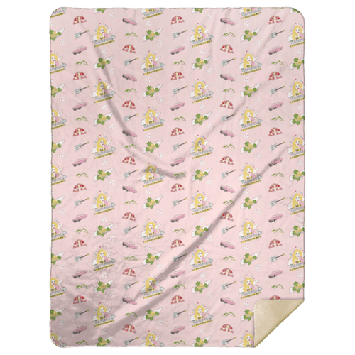 Tennessee-themed pink plush throw blanket with state map, a barn, Elvis' pink Cadillac, Dolly Parton and 
