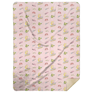 Tennessee-themed pink plush throw blanket with state map, a barn, Elvis' pink Cadillac, Dolly Parton and "be a diamond in a rhinestone world" printed
