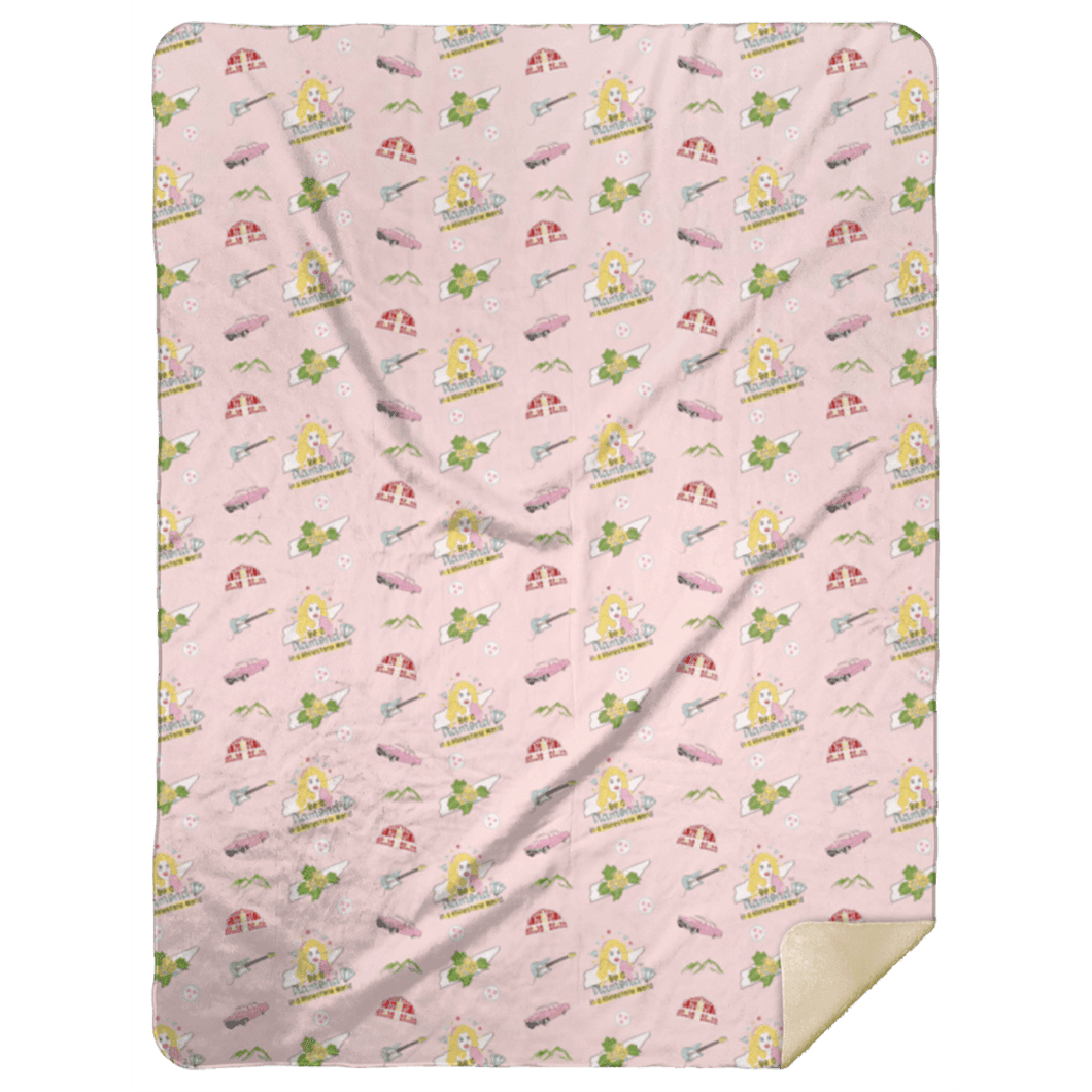Tennessee-themed pink plush throw blanket with state map, a barn, Elvis' pink Cadillac, Dolly Parton and 