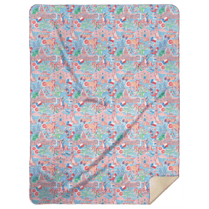 Texas-themed plush throw blanket with a map design, featuring landmarks and icons, in vibrant colors on a white background.