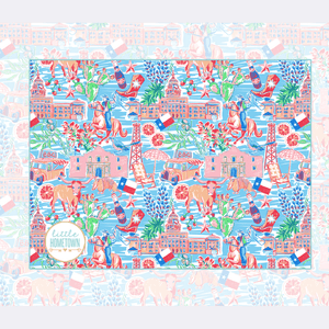 Texas-themed plush throw blanket with a map design, featuring landmarks and icons, in vibrant colors.