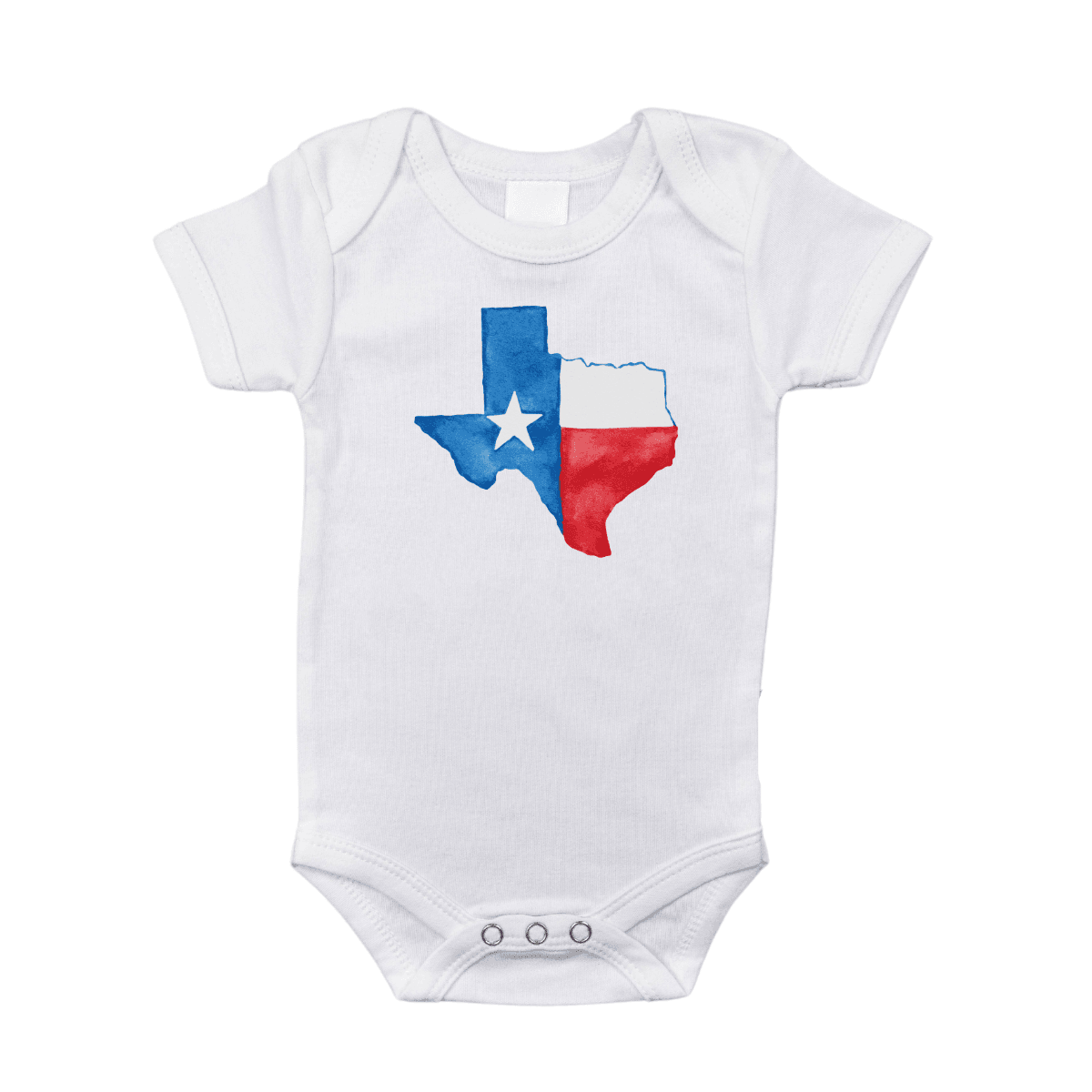 White baby onesie with a watercolor Texas map in blue and green, featuring "Texas" in cursive text.