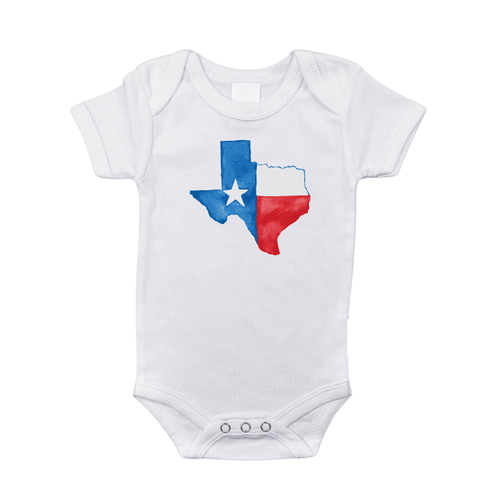 White baby onesie with a watercolor Texas map in blue and green, featuring 
